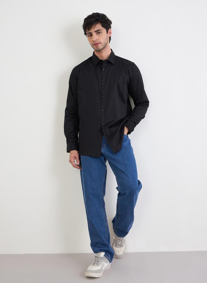 Styli Men Black Solid Cotton Slim Fit Shirt - Image 1